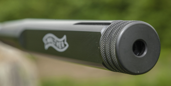 The Walther's muzzle weight is threaded for an optional silencer